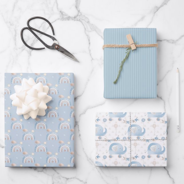 Baby Blue Two Baby Shower Assortment Wrapping Paper Sheets (Front)