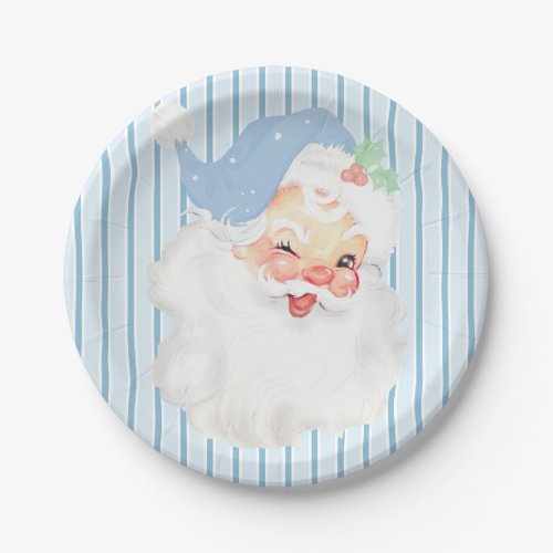 Baby Blue Vintage Winking Santa Christmas Party Paper Plates