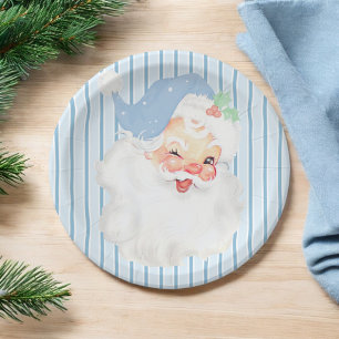 Baby Blue Vintage Winking Santa Christmas Party Paper Plates