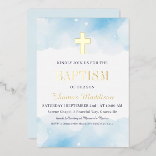 Baby Blue Watercolor Clouds Gold Cross Baptism Foil Invitation