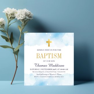 Baby Blue Watercolor Clouds Gold Cross Baptism