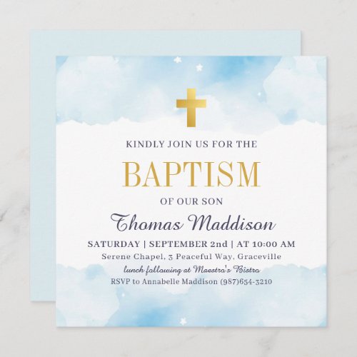 Baby Blue Watercolor Clouds Gold Cross Baptism Invitation