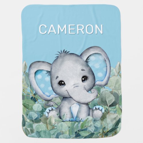 Baby Blue Watercolor Elephant Personalized Name Baby Blanket
