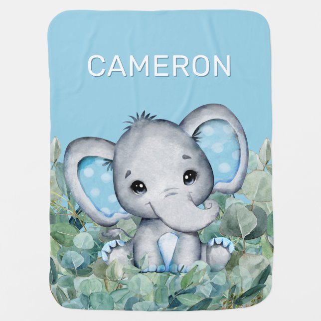 Baby Blue Watercolor Elephant Personalized Name Baby Blanket (Front)