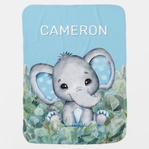 Baby Blue Watercolor Elephant Personalized Name Blanket