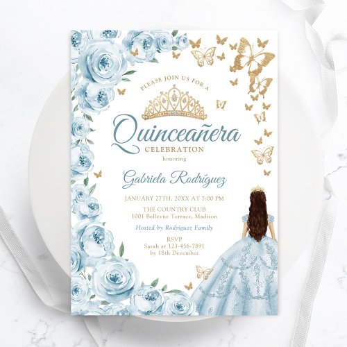 Baby Blue Watercolor Floral Gold Quinceanera Invitation