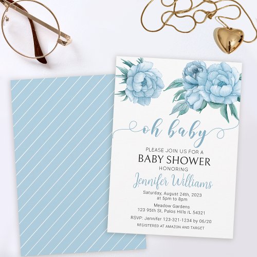 Baby blue watercolor floral oh baby boy shower invitation