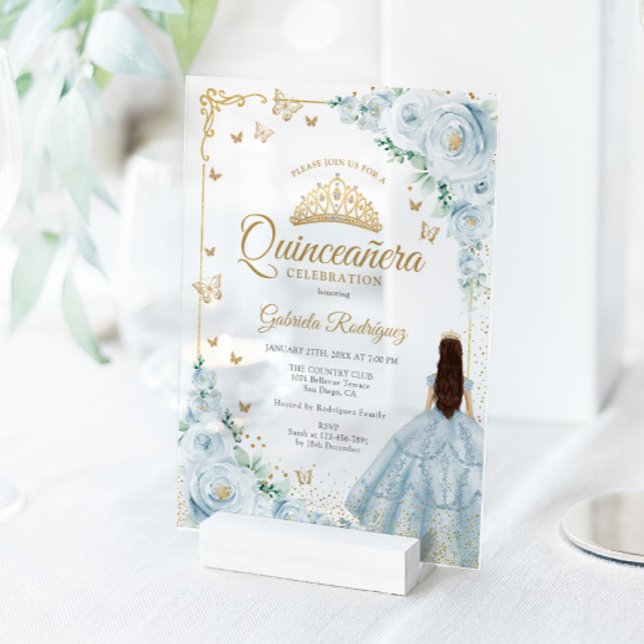 Baby Blue Watercolor Roses Gold Quinceanera Acrylic Invitations (Creator Uploaded)