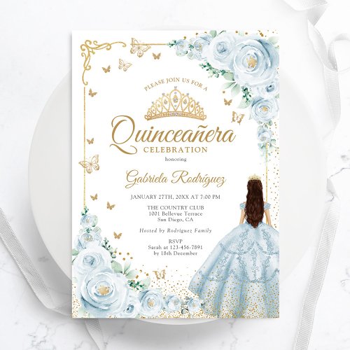 Baby Blue Watercolor Roses Gold Quinceanera Invitation