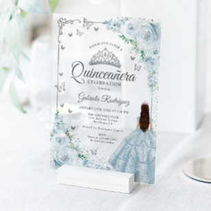 Baby Blue Watercolor Roses Silver Quinceanera Acrylic Invitations