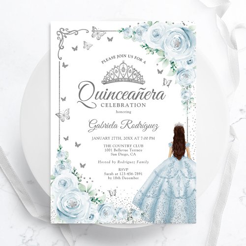 Baby Blue Watercolor Roses Silver Quinceanera Invitation