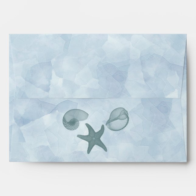 Baby blue watercolor sea shells beach wedding envelope (Back (Top Flap))
