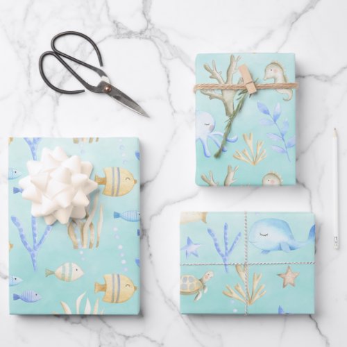 Baby Blue Whale Octopus Seahorse Under Sea Aqua Wrapping Paper Sheets