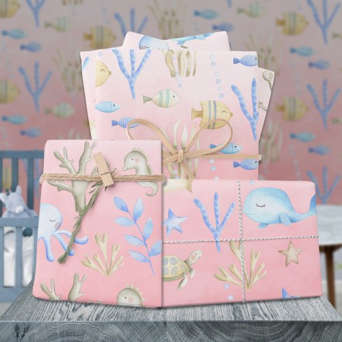 Baby Blue Whale Octopus Seahorse Under Sea Pink Wrapping Paper Sheets