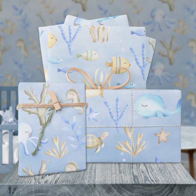 Baby Blue Whale Octopus Seahorse Under The Sea Wrapping Paper Sheets (Baby Blue Whale Octopus Seahorse Under The Sea Kids Gift Wrapping Paper Sheets Trio)
