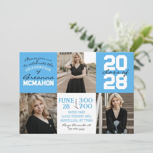 Baby Blue  White 3 Photo Graduation Invitation