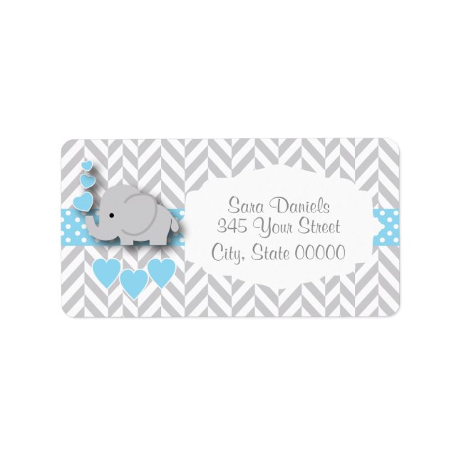 Baby Blue, White and Gray Elephant Baby Shower Label (Front)