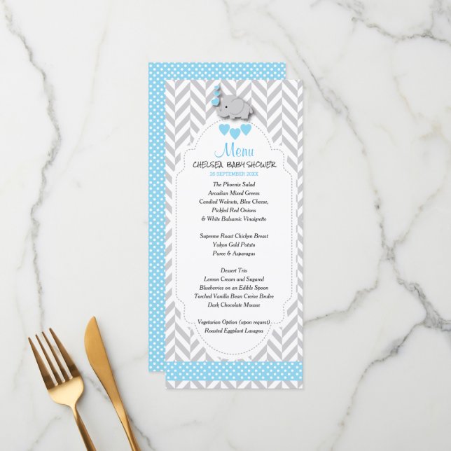 Baby Blue, White and Gray Elephant - Baby Shower M Menu (Front/Back In Situ)