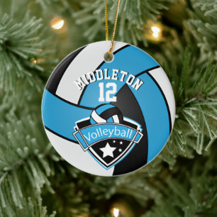 🏐 Baby Blue, White & Black Personalize Volleyball Ceramic Ornament