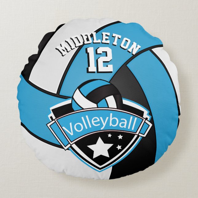 Baby Blue, White & Black Personalize Volleyball Round Pillow (Front)
