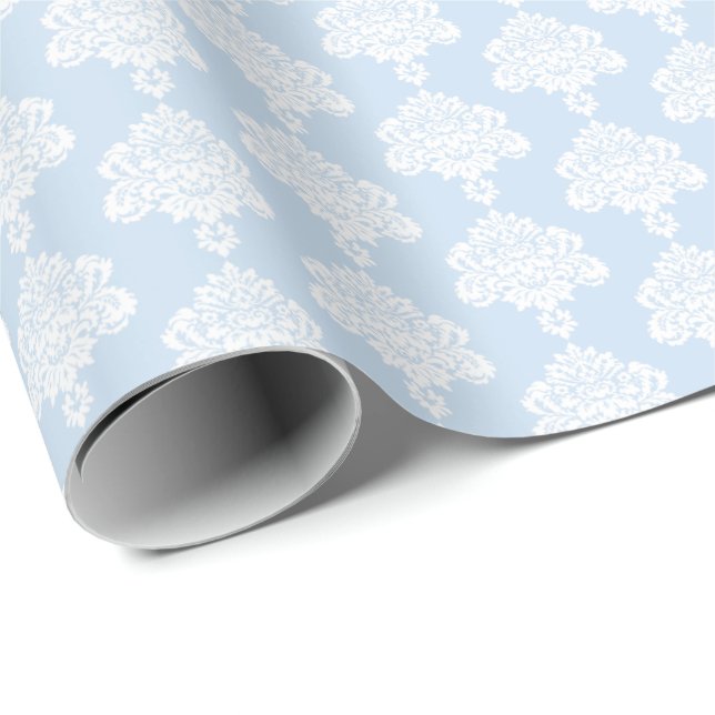 Baby Blue | White Damask Wrapping Paper (Roll Corner)