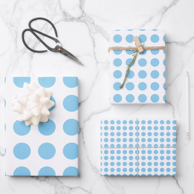 Baby Blue & White Different Sizes Horiz Polka Dots Wrapping Paper Sheets (Front)