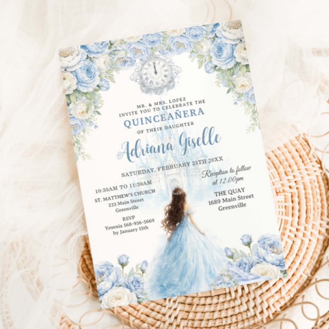 Baby Blue White Floral Cinderella Quinceanera 15 Invitation (Creator Uploaded)