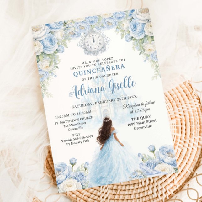 Baby Blue White Floral Cinderella Quinceanera 15 Invitation (Creator Uploaded)