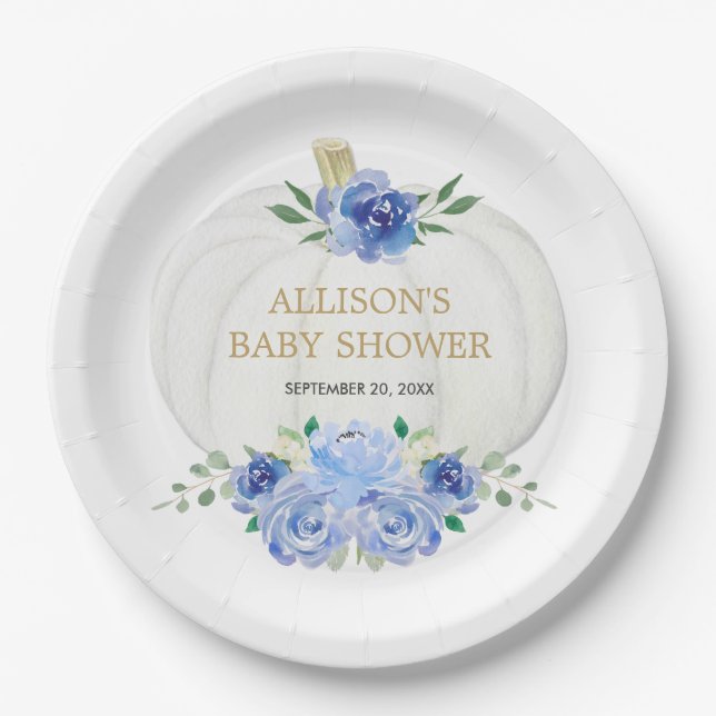 Baby blue white floral greenery white pumpkins paper plates (Front)