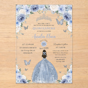 Baby Blue White Floral Princess Quinceañera XV 16 Acrylic Invitations