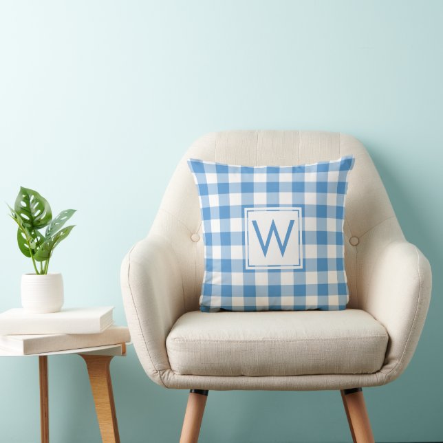 Baby Blue White Gingham Pattern, Custom Monogram Throw Pillow (Chair)