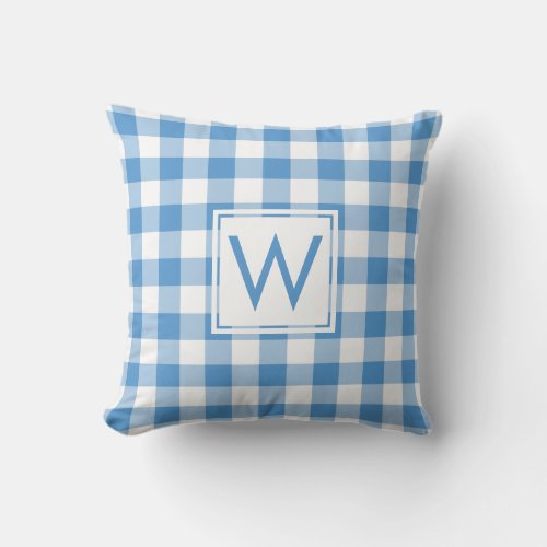 Baby Blue White Gingham Pattern Custom Monogram Throw Pillow