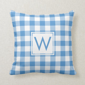 Baby Blue White Gingham Pattern, Custom Monogram Throw Pillow