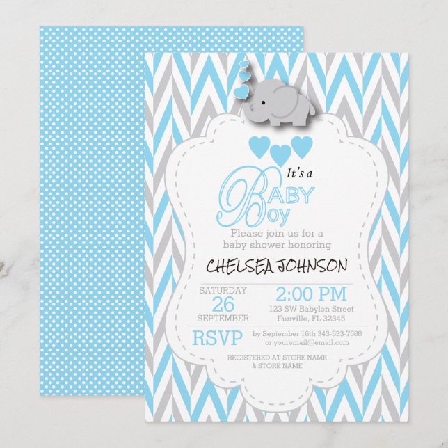 Baby Blue, White Gray Elephant Baby Shower 2 Invitation (Front/Back)