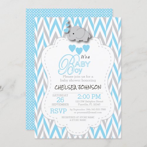 Baby Blue White Gray Elephant Baby Shower 2 Invitation