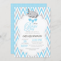 Baby Blue, White Gray Elephant Baby Shower 2 Invitation