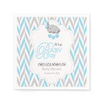 Baby Blue, White Gray Elephant Baby Shower 2 Paper Napkins