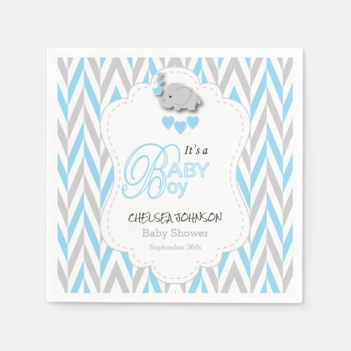 Baby Blue White Gray Elephant Baby Shower 2 Paper Napkins
