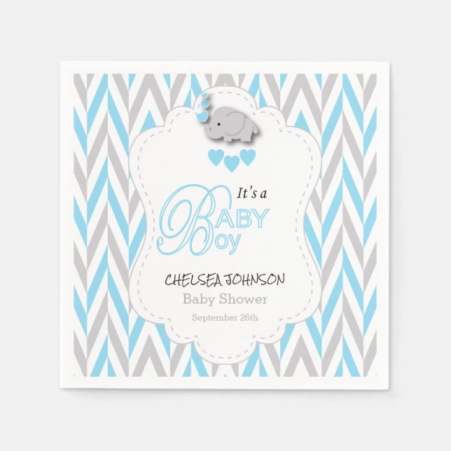 Baby Blue, White Gray Elephant Baby Shower 2 Paper Napkins (Front)