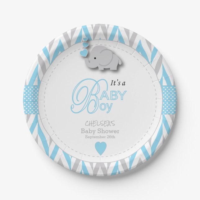 Baby Blue, White Gray Elephant Baby Shower 2 Paper Plates (Front)
