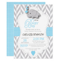 Baby Blue, White Gray Elephant Baby Shower Card