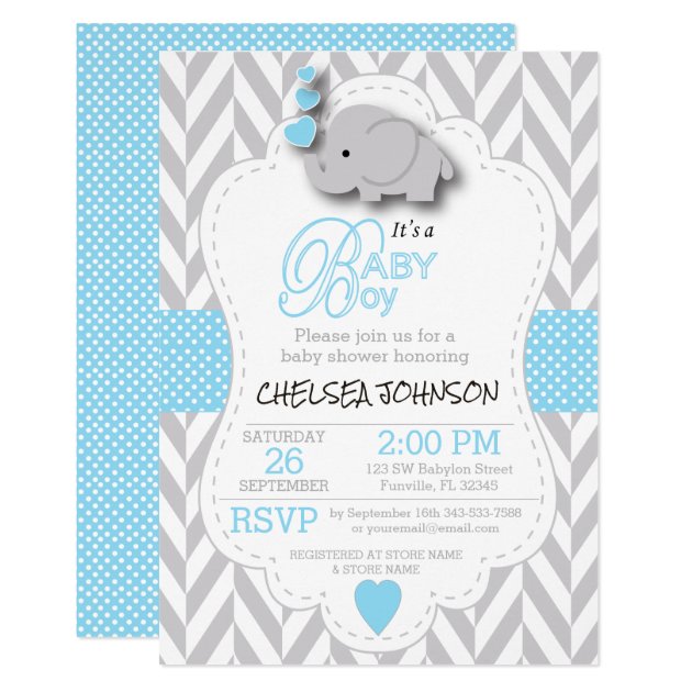 Baby Blue, White Gray Elephant Baby Shower Invitation