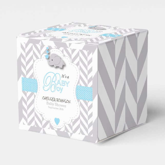 Baby Blue, White Gray Elephant Baby Shower Favor Boxes (Front Side)