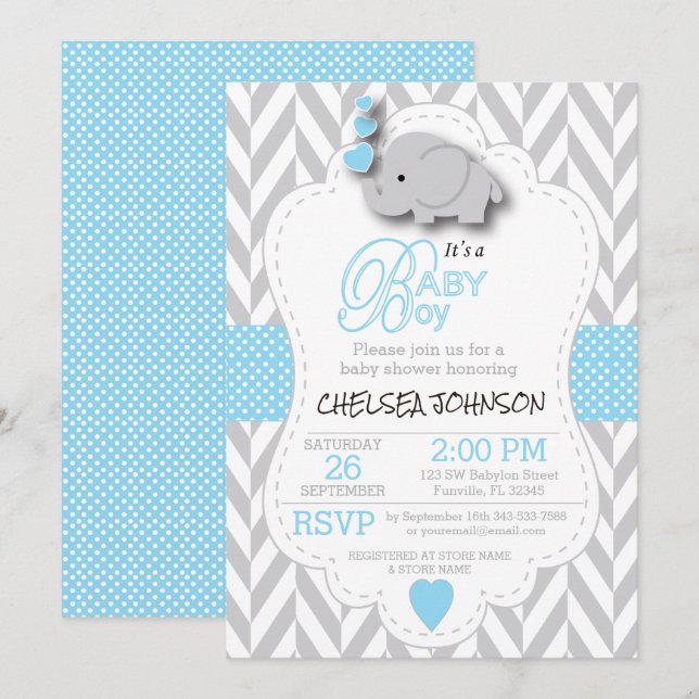 Baby Blue, White Gray Elephant 🐘 Baby Shower Invitation (Front/Back)