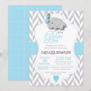 Baby Blue, White Gray Elephant 🐘 Baby Shower Invitation