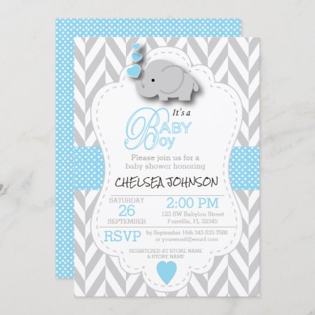 Baby Blue, White Gray Elephant 🐘 Baby Shower Invitation