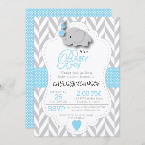 Baby Blue White Gray Elephant  Baby Shower Invitation