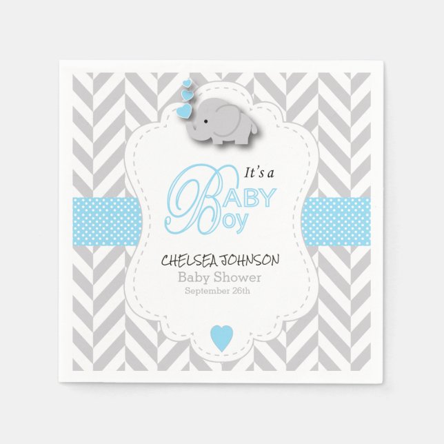 Baby Blue, White Gray Elephant Baby Shower Paper Napkins (Front)