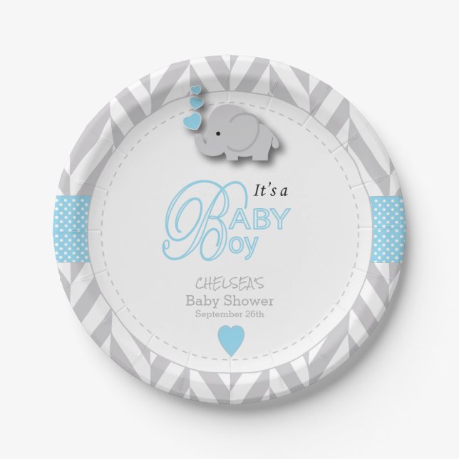 Baby Blue, White Gray Elephant Baby Shower Paper Plates (Front)