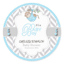 Baby Blue, White Gray Monkey Baby Shower Classic Round Sticker